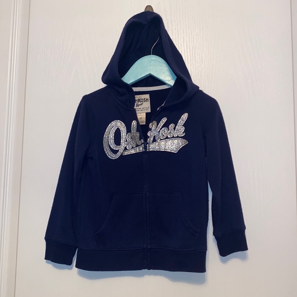 3 for $ 15 OshKosh Navy Blue zip up hoodie with silver Logo. Size 3